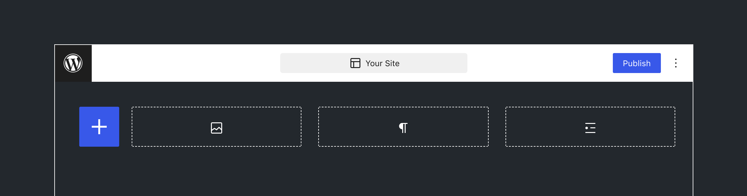 WordPress editor view showing the outline of three blocks with an inserter icon.